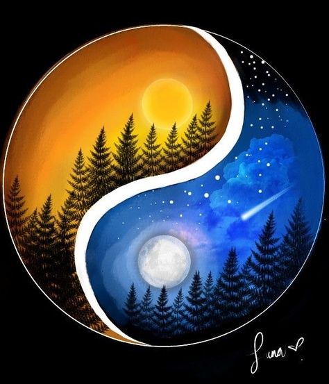 Balance Painting Art, Night Theme Painting, Day And Night Painting Ideas, Yin Yang Painting Ideas, Balance Art Design, Balance Art Drawing, Ying And Yang Art, Yin And Yang Painting, Two Paintings Together