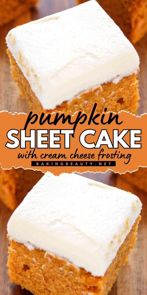 Whip up a Pumpkin Sheet Cake with Cream Cheese Frosting—this dump and bake recipe features sweet cream cheese frosting, making it perfect for simple fall desserts and pumpkin food ideas. Indulge in the ease of this recipe while savoring the flavors of fall! Sheet Cake Pumpkin Bars With Cream Cheese Frosting, Pumpkin Bar Cake, Cream Cheese Pumpkin Recipes, Maple Sheet Cake Recipe, Pumpkin Cake With Brown Butter Frosting, Sour Cream Pumpkin Cake, Pumpkin Texas Sheet Cake Recipe, Pumpkin Sheet Cake With Cream Cheese Frosting, Pumpkin Cake With Cream Cheese Filling