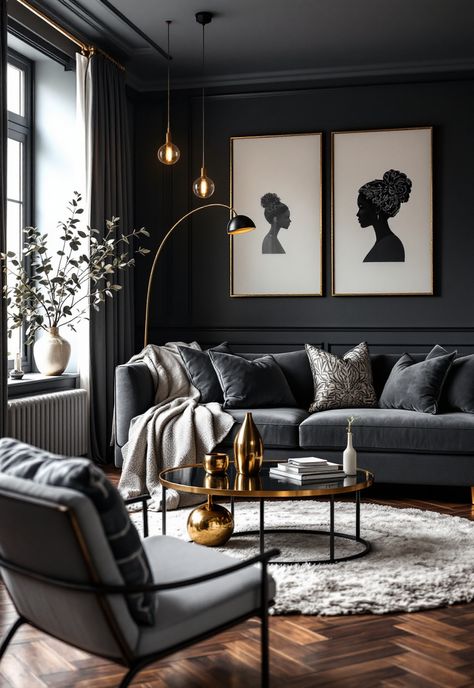 Dark Grey Couch Living Room Grey Gold And Black Living Room Ideas, Charcoal Leather Couch Living Room, Living Room Designs Dark Grey Couch, Dark Couches Living Room Decor, Living Room Dark Grey Couch, Charcoal Couch Living Room, Living Room Design Dark, Gray Couch Living Room Ideas, Dark Couch Living Room