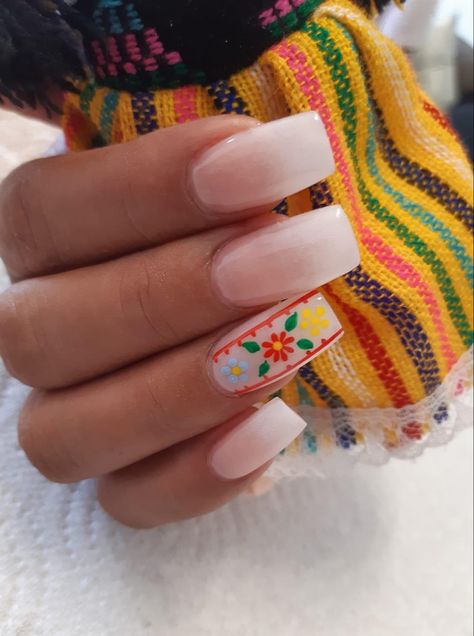 Mexican Style Nails French Tip, Mexican Manicure, Fiesta Theme Nails Acrylic, Mexico Flag Nails Designs, Nail Mexican Design, Cielito Lindo Nails, Nails For Trip To Mexico, Mexican Style Nails Almond, Fiesta Theme Nails Mexican