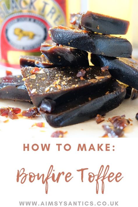 See how to make delicious bonfire toffee aka treacle toffee with this easy bonfire toffee recipe. A dark bitter-sweet treat to enjoy! Bonfire Snacks, Bonfire Toffee, Bonfire Food, Treacle Toffee, Homemade Wine Recipes, Easy Toffee, Toffee Recipe, Homemade Wine, Bonfire Night