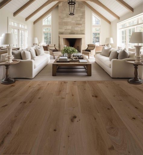 Facebook Farmhouse Fireplace High Ceiling, Hardwood Engineered Flooring, White Oak Floors With White Cabinets, Beachy Hardwood Floors, Oak Wrapped Beams, New Wood Floors, Organic Modern Wood Floors, Beige Hardwood Floors, Birch Hardwood Floors Natural