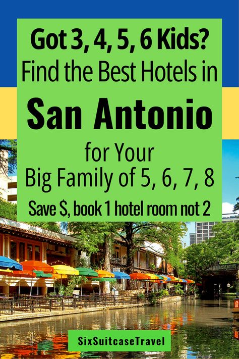 Finding a hotel for a big family in San Antonio can be hard, so we've compiled a list of hotels with larger rooms. We list San Antonio hotel rooms for 5, San Antonio hotel suites for 6, and even San Antonio family hotels for 7 or San Antonio family suites for 8. Find hotels with free breakfast, kitchens, and pools. All listed hotel rooms sleep at least 6, some with sofa sleepers. Where to stay in San Antonio hotels for 4 kids, 5 kids, or 6 kids! Save now for later! Sofa Sleepers, Family Hotel Room, San Antonio Vacation, San Antonio Hotels, Sofa King, Downtown San Antonio, South Padre Island, Family Of 5, Hotel Amenities