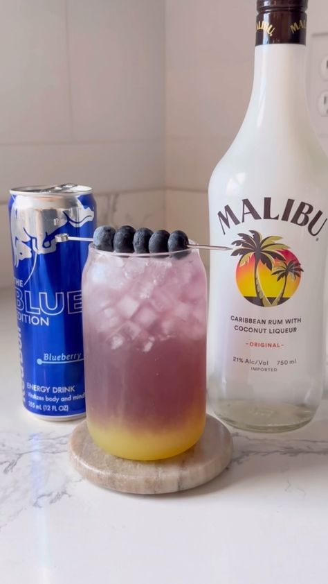 Dio & Iris | Blueberry Redbull X Malibu Rum + pineapple juice 💛💙 #maliburum #maliburumdrinks #rum #cocktails #cocktailrecipes #cocktailhour #dioandiris | Instagram Blueberry Redbull Drinks, Redbull Mixed Drinks, Redbull Drinks, Malibu Rum Drinks, Red Bull Drinks, Coconut Liqueur, Malibu Rum, Malibu Blue, Caribbean Rum