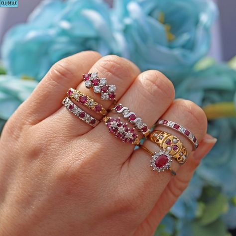 A hand full of antique ruby rings Ruby Ring Stack, Vintage Ruby Cluster Ring, Vintage Ruby Engagement Rings, Engagement Rings Ruby, Ruby Engagement Rings, Ruby Ring Designs, Ruby Engagement Ring Vintage, Ruby Eternity Ring, Cocktail Ring Designs