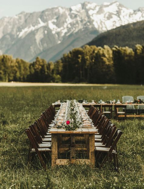 Canadian Mountains Wedding Mountain Wedding Reception, Mountain Party, Canadian Mountains, Rustic Tablescape, Diy Reception, Mountains Wedding, Hunter Wedding, Urban Wedding Venue, Montana Wedding