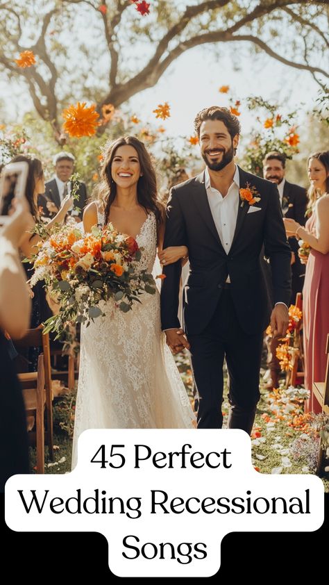 A couple joyfully walking down the aisle during their wedding recessional, accompanied by smiling guests and vibrant decorations, celebrating their new beginning with perfect wedding recessional songs. Ceremony Exit Songs, Recessional Wedding Songs, Wedding Ceremony Exit Songs, Wedding Songs List, Wedding Exit Songs, Wedding Processional Order, Wedding Recessional Songs, Top Wedding Songs, Processional Order