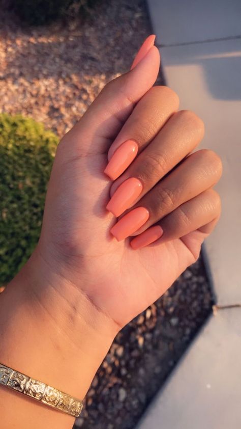 Orange Nails Different Shades, Solid Colours Nails, Plain Color Acrylics, Acrylic Nail Designs Solid Colors, Plain Colour Nails Summer, Plain Colour Nails Simple, Summer Acrylic Nails One Color, Light Orange Acrylics, Nails Acrylic Peach Color