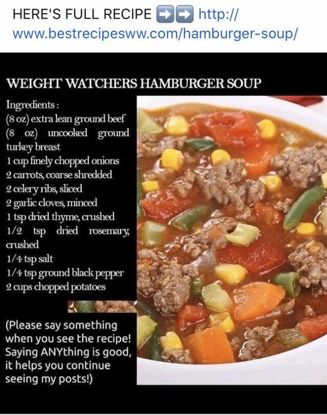 Pin by Jodi Lockett on Soups in 2022 | Weightwatchers recipes, Pork chops and gravy, Slow cooker recipes pork Weight Watchers Meal Plans, Weight Watchers Soup, Weight Watchers Recipes Desserts, Hamburger Soup, Ground Beef Recipes For Dinner, Diced Tomatoes, Beef Recipes For Dinner, Turkey Breast, Chopped Onions