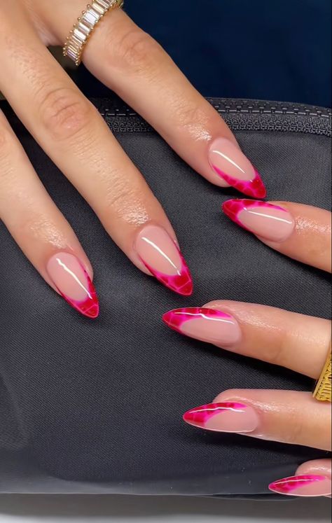 Pink Red Tip Nails, Summer Nails Almond Long, Red Nail Set Almond, Pink And Red Summer Nails, Festival Nails Almond Shape, Colourful Almond Nails, Dark Pink Tip Nails, Fuchsia French Tip Nails, Pink And Red Almond Nails