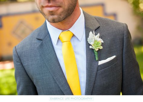 Gray Suit Yellow Tie, Mens Wedding Looks, Santa Barbara Wedding Venue, Succulent Boutonniere, Suits Groom, White Pocket Square, Hair Yellow, Yellow Bow Tie, Yellow Suit