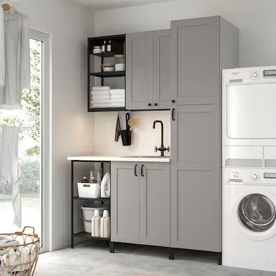 laundry room - Search - IKEA Ikea Laundry Sink, Enhet Laundry Room, Gray Laundry Cabinets, Ikea Enhet Laundry Room, Laundry Utility Closet, Laundry Organization Small Space, Laundry Sink Backsplash, Loundry Small Room Ikea, Laundry Room Cabinets Modern