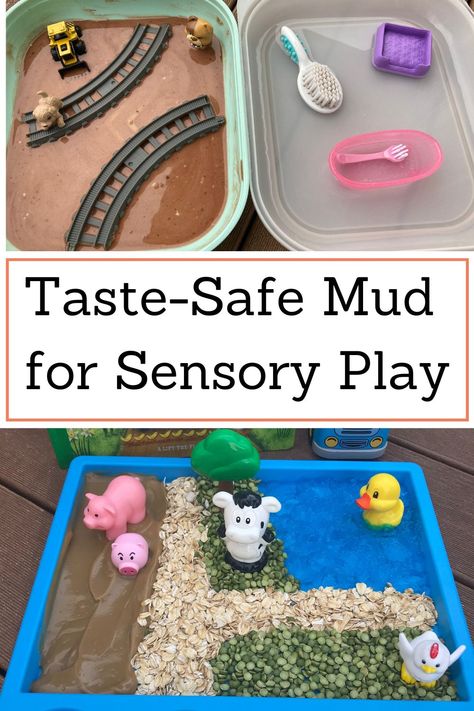 Taste-safe mud for sensory play Edible Mud Sensory Play, Sensory Bin Bases, Pudding Sensory Play, Sensory Bins Taste Safe, Oats Sensory Bin, Taste Safe Sensory Play One Year Old, Mud Sensory Bin, Taste Safe Mud, Sensory Corner