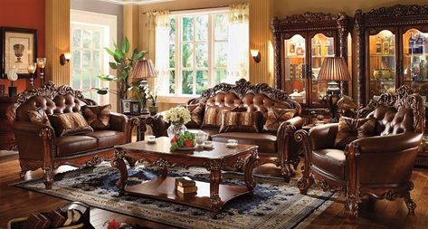 ~ Vendome Formal Living Room Set in Cherry ~ vonfurniture.com Reka Bentuk Ruang Tamu, Faux Leather Sofa, Rolled Arm Sofa, Living Room Collections, Acme Furniture, Wood Sofa, Small Sofa, Cast Stone, Large Sofa