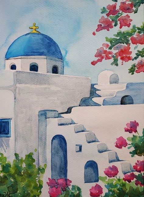 Santorini Painting, Greece Drawing, Watercolor Painting Easy, Greece Painting, Cool Pencil Drawings, Cityscape Art, 수채화 그림, Diy Canvas Art Painting, Painting Art Projects