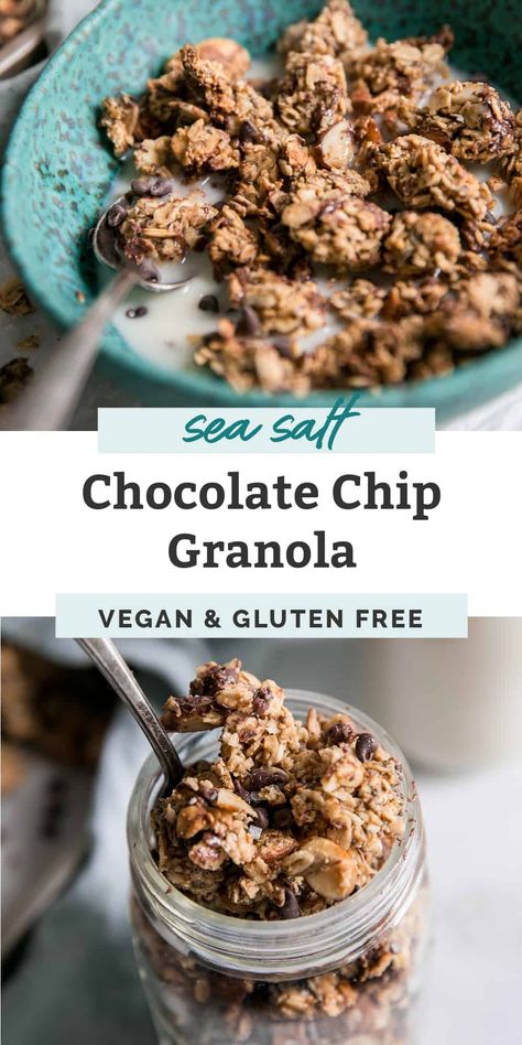 Chocolate Chip Granola Recipe, Stovetop Granola, Chocolate Chip Granola, Vegan Granola, Granola Recipe Homemade, Sea Salt Chocolate, Baked Granola, Gluten Free Granola, Chocolate Granola