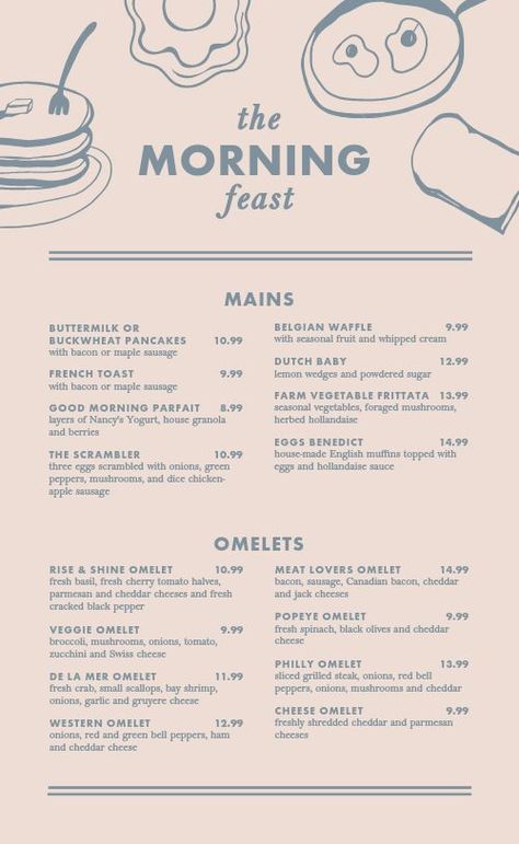 Breakfast Diner Menu Ideas, Breakfast Menus Design, Breakfast Poster Ideas, Pancake Menu Design, Brunch Menu Design Ideas, Snacks Menu Design, Breakfast Menu Design Ideas, Breakfast Cafe Design, Menu Bakery Design