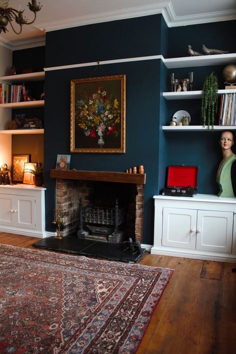 Blue Living Room With Wallpaper, Hague Blue Fireplace, Navy Blue Victorian Living Room, Navy Art Deco Living Room, Alcove Accent Wall, Blue Hague Living Room, Hague Blue Lounge, Alcove Wall Panelling, Chimney Feature Wall