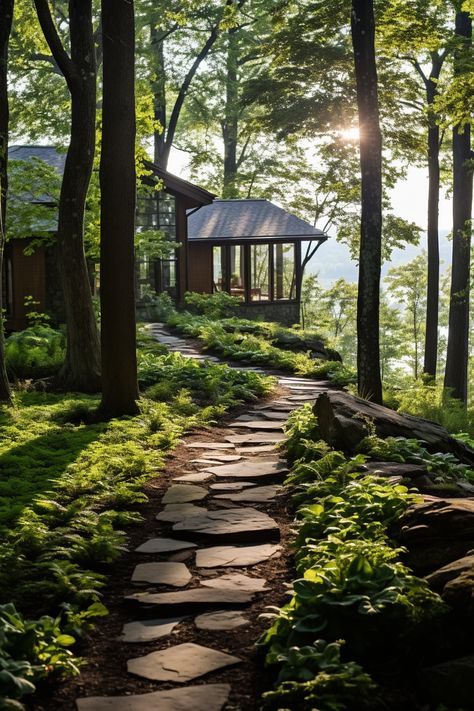 Touring 70+ Strikingly Beautiful Forest Homes That Bring the Outdoors In - Days Inspired House Pathway, Cabin Patio, Forest Homes, Granite Island, Forest Sounds, Woodland House, Earthy Home, Cozy Cabins, Forest Cabin