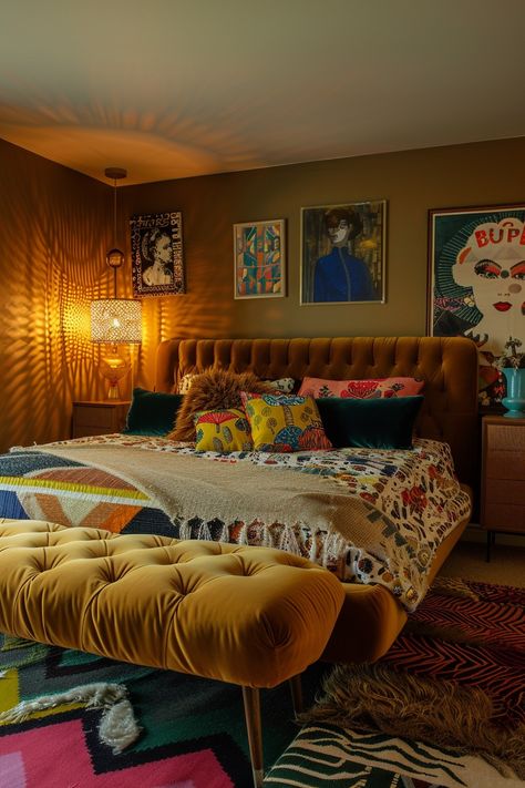 Maximalism Bedrooms Cozy, 30s Bedroom Aesthetic, Orange Maximalist Bedroom, 70s Western Bedroom, Funky Room Ideas Bedrooms, Old House Bedroom Ideas, Quirky Bedroom Ideas Retro Vintage, Bedroom Retro Aesthetic, Maximalist Bedroom Aesthetic Vintage