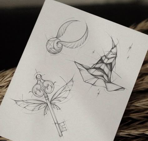 Harry Potter Pixie Tattoo, Abstract Harry Potter Tattoo, Snitch Harry Potter Drawing, Key Harry Potter Tattoo, Harry Potter Snitch Tattoo, Snitch Tattoo Design, Flying Key Tattoo, Harry Potter Drawings Sketches, Small Harry Potter Tattoo Ideas