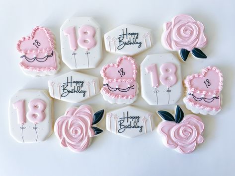 Pink, Black & White, 18th birthday theme for this Cookie set. Always love a girly theme! Inspo pics included number balloons, sparklers and sugar pearls and this is what I came up with! 💖 #cookies #cookiesofinstagram #instagramcookiesdecorated #decoratedcookies #18thbirthday #18thbirthdaycookies #vintageheartcake #prettyinpink #cookier Black And Pink Cookies, Pink Birthday Cookies, 16th Birthday Cookies, 18th Birthday Cookies, Girly Theme, Birthday Sugar Cookies, Pink Cookies, Inspo Pics, 30th Birthday Parties