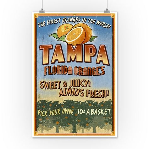 Tampa, Florida - Orange Grove Vintage Sign (Art Prints, Wood & Metal Signs, Canvas, Tote Bag, Towel) Dunedin Florida, Florida Oranges, Orange Grove, Wood Postcard, St Petersburg Florida, Retro Travel Poster, Orange Aesthetic, Vintage Florida, Beach Signs