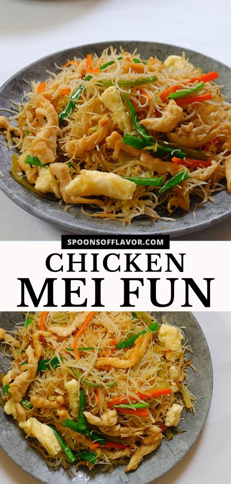 Image showing chicken mei fun served on a grey plate. Chicken Mei Fun Recipe, Chicken Mei Fun, Mei Fun Noodles, Mei Fun Recipe, Mei Fun, Dinner With Chicken, Rice Noodle Recipes, Asian Noodle Recipes, Noodle Recipes Easy