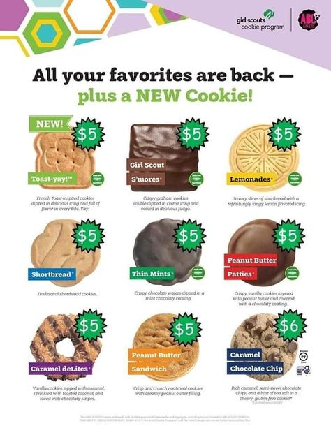 Cookies For Sale, Selling Girl Scout Cookies, Abc Cookies, Mint Patties, Savoury Slice, Girl Scout Cookie Sales, Girl Scout Cookies Booth, Gs Cookies, Graham Cookies