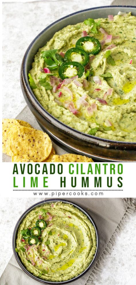 avocado cilantro lime hummus garnished with jalapenos and served with tortilla chips Cilantro Lime Hummus, Jalapeno Hummus, Pickled Jalapenos, Hummus Recipe Homemade, Hummus Dip, Avocado Hummus, Homemade Hummus, Hummus Recipe, Avocado Recipes