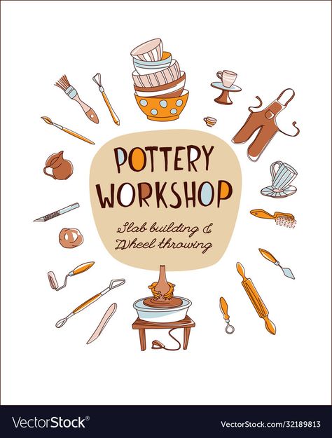 Pottery Illustration Design, Pottery Workshop Poster, Glossary Ideas, Pottery Illustration, Pottery Logo, Workshop Poster, Cartoon Art Prints, Pottery Projects, Pottery Lessons