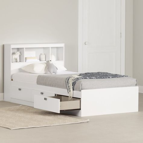 South Shore Spark Twin Mate's & Captain's Bed with Bookcase by South Shore & Reviews - Wayfair Canada Twin Bed With Drawers, Twin Storage, Twin Storage Bed, Contemporary Bedroom Sets, Room Crafts, Captains Bed, Bookcase Headboard, Bed Shelves, Patterned Bedding