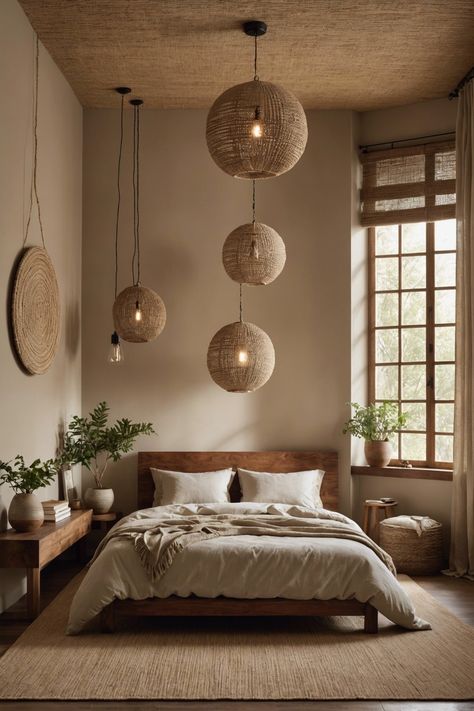 20 Boho Style Bedrooms With Hanging Lights – ToolzView Japandi Boho Bedroom, Japandi Bedroom Lighting, Small Boho Room, Bedroom Modern Organic, Bali Bedroom Inspiration, Bedroom Lighting Ideas Hanging, Small Boho Bedroom, Japanese Bed Frame, Bohemian Style Bedroom