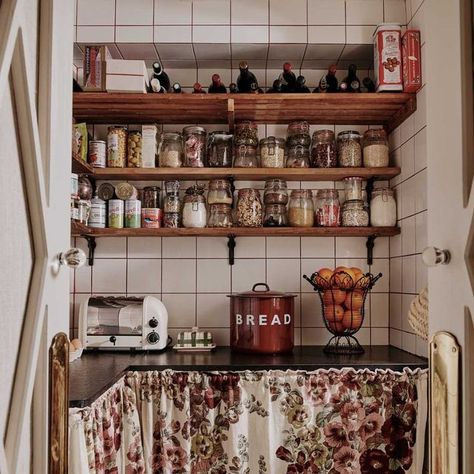 Matilda Goad, Cheap Tiles, Balloon Curtains, Narrow Shelves, British Home, Green Cabinets, Vintage Eclectic, Eclectic Home, Kitchen Pantry