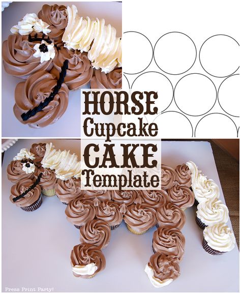 Download your own template to make an amazing horse cupcake cake for your next western birthday party. Horse Cupcake Cake, Horse Birthday Cake, Pull Apart Cupcake Cake, Pull Apart Cake, Western Birthday Party, Horse Birthday Parties, Pull Apart Cupcakes, Cake Templates, Horse Cake