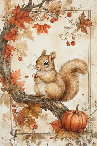 ↑↑↑ Larger size on website 🔸 The image depicts a squirrel sitting on a branch in a fall setting.  The squirrel is brown with a bu Fall Thanksgiving Wallpaper, Realistic Watercolor, Thanksgiving Wallpaper, Winter Bird, A Squirrel, Watercolor Techniques, A Pumpkin, Fall Thanksgiving, Art Images