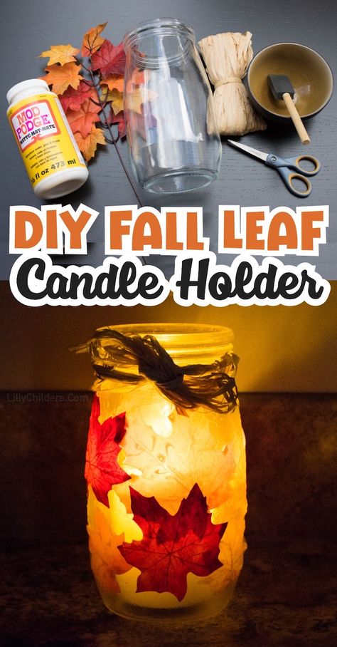 Fall Leaf Candle Jar, Fall Tea Light Crafts, Fall Jar Crafts, Mod Podge Leaves, Leaf Luminaries, Fall Crafts To Make, Leaf Mason Jar Candle, Fall Mason Jar Crafts, Autumn Foods