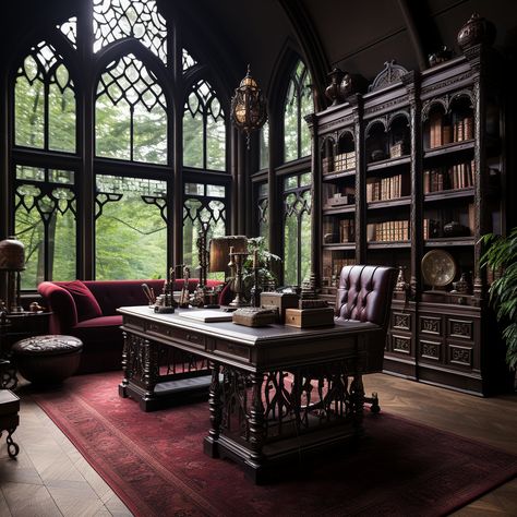 Old English Manor Library, English Tudor House Interior, Royal Study Room Aesthetic, Dark Manor Interior, Dark Victorian House Interior Design, Whodunit Aesthetic, Castle Study Room, Old English Architecture, Gothic Home Library