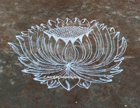 Lotus for MAHAALAYA AMAAVASYA... Tamil Kolam, Lotus Flower Rangoli, Lotus Muggulu, Jhoti Design, White Rangoli, Lotus Kolam, Freehand Rangoli, Margazhi Kolam, Lotus Rangoli