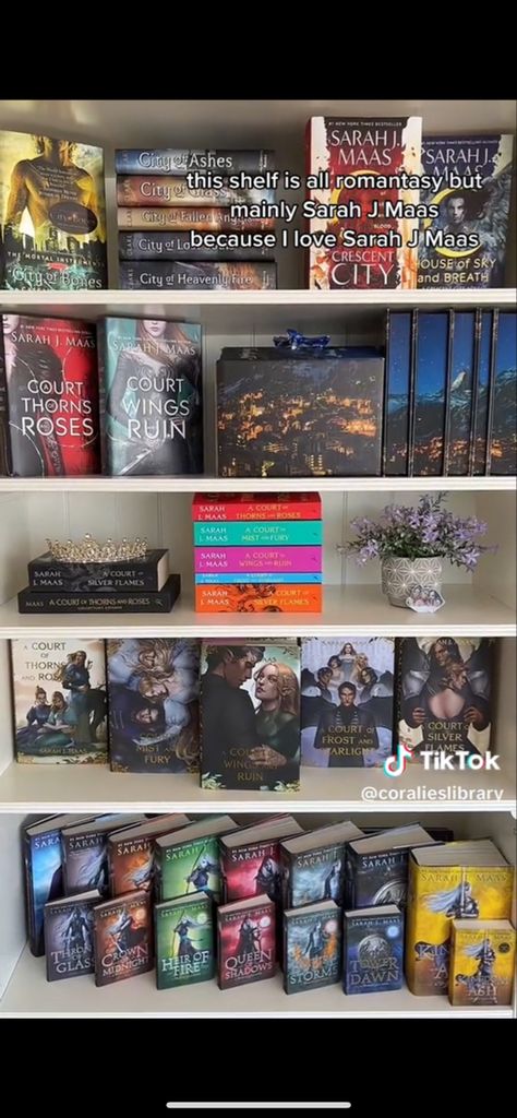 Sarah J Maas Bookshelf, Sjm Bookshelf, Acotar Room Decor, Acotar Bookshelf, Sarah J Maas Aesthetic, Bookish Room, Book Room Ideas, Bookshelf Inspo, Bookshelf Aesthetic