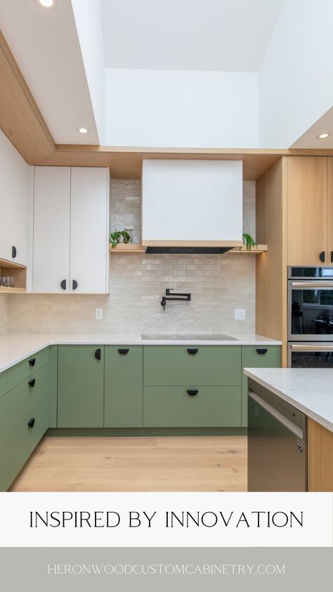 The perfect green for your home.   The nature-inspired green kitchen trend is becoming increasingly popular and offers a calming, tranquil feel to your space. A sage kitchen can add that pop of colour while keeping design schemes neutral. Explore Heronwood’s kitchen cabinetry portfolio for inspiration and give your home a new lease of life today!  #ModernKitchen #CustomCabinetry #LuxuryHomes #HomeDesign #VancouverIslandHomes #LuxuryRealEstate Scandinavian Kitchen Sage Green, Sage And Wood Kitchen, Green Beige Kitchen, Mint Green Kitchen Ideas, Sage Green Kitchen Colour Scheme, Green And White Kitchen, Green Kitchens, Sage Kitchen, Kitchen Colour Combination