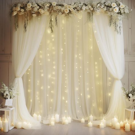 PRICES MAY VARY. Size: Package including 4 panels 5ft width by 10ft height ivory backdrop curtains with lights, a set of 9.8ft warm white string light and 24pcs Transparent clips. High quality ivory tulle fabric, collapsible without creases, Beautiful Sheer Drapes! Can be reused. If you want a thicker/fuller look, you would need more Dreamy Display: This wedding photo backdrop is perfect to create beautiful folds or leave it flowing loose onto the floor,add a very soft,beautiful,romantic touch t Wedding Arch For Indoor Wedding, Wedding Backdrop With Fairy Lights, Sage Green And White Decorations, Wedding Altar Decoration, Gold Ring Wedding Backdrop, Winter Dance Decor, White Gold Decorations Party, Wedding Patio Decor, Backdrops For Wedding Reception