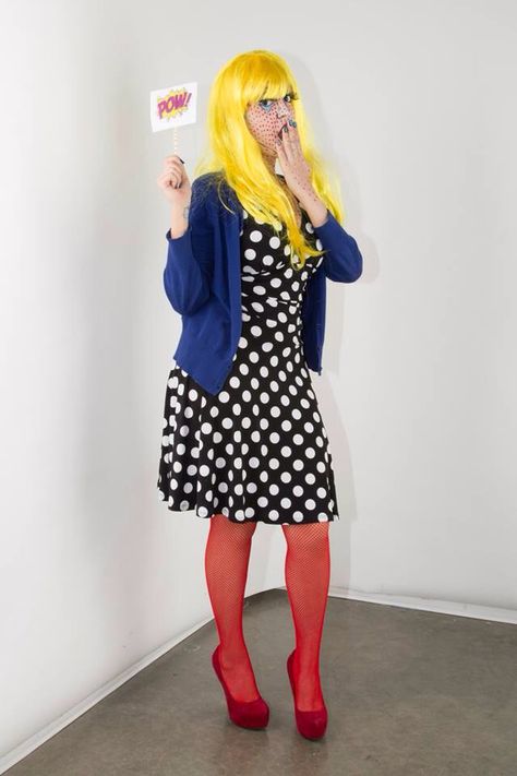 pop art costume Pop Art Dress Outfits, Pop Art Costume Outfit, Pop Art Outfit, Halloween Costumes Comic Pop Art, Comic Makeup Pop Art Halloween Costumes, Popart Halloween Makeup, Pop Art Costume, Halloween Costumes 2014, Art Outfit