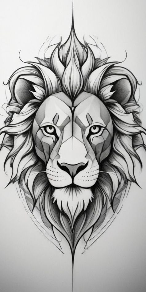 Lion Geometric Design, Lion Abstract Tattoo, Lion Sketch Simple, Lion Tattoo Design Stencil, Lion Sketch Tattoo, Lion Head Tattoo Design, Long Undercut Hairstyles, Leones Tattoo, Lion Tattoo Stencil