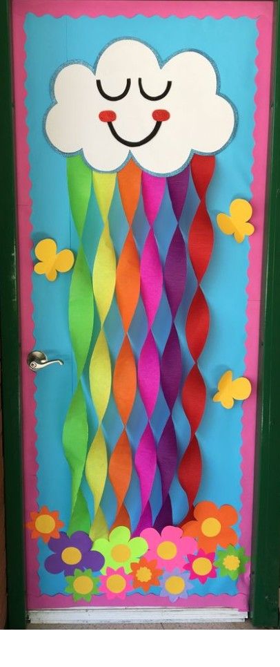 Kindercare Classroom Prek, Preschool Classroom Decor Rainbow, Spring Themed Door Decorations Classroom, Rainbow Classroom Door Decor, April Office Decorations, Umbrella Classroom Decoration, May Themed Classroom Door Ideas, Spring Doors For Toddler Room, Rainbow School Door