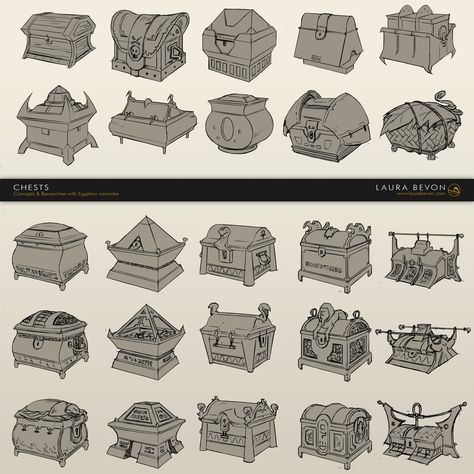 Laura Bevon - Art - Chest Designs Object Concept Art, Box Concept Art, Game Chest Design, Treasure Chest Concept Art, Chest Design, Props Design, Chest Game Art, Props Concept, 2d Game Art