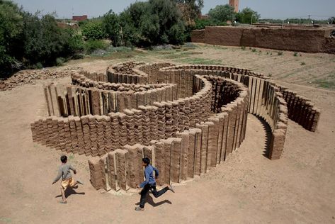 Spiral Landscape Design, Brick Playground, Spiral Installation, Brick Installation, Mud Brick, Mud Art, Icelandic Artists, Spiral Art, Brick Art