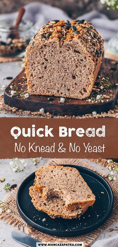 Easy 5-Minute Bread without Yeast - Super Fluffy & Moist! This quick bread recipe is super moist, soft and fluffy and very easy to make with no yeast and only 5 minutes of prep time. A delicious healthy fitness whole grain bread with grains and seeds for every day! Quick Bread Without Yeast, No Yeast Whole Wheat Bread, Wheat And Yeast Free Bread, Whole Wheat Bread Without Yeast, Whole Wheat Quick Bread, Easy Bread Recipes No Yeast, Bread Without Yeast Recipe, Quick Bread Recipes No Yeast, Quick No Knead Bread