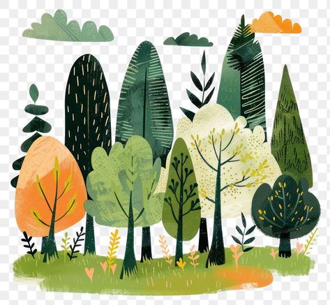 Colorful Forest Aesthetic, Autumn Tree Illustration, Cartoon Tree Drawing, Forest Illustration Trees, Simple Forest Drawing, Vegetation Illustration, Softboard Ideas, Tree Drawing For Kids, Cartoon Nature