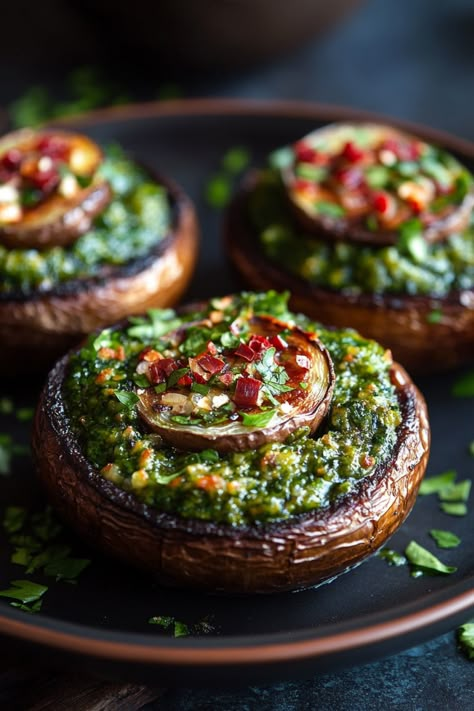 Stuffed mushrooms topped with pesto and diced red peppers. Hors D’oeuvres Recipes, Fun Party Appetizers, Hors Devours Appetizers Fancy, Rich Appetizers, Entrees Recipes Starters, Christmas Nibbles Ideas, Vegetable Appetizers For Party, Elegant Appetizers For Party Small Bites, Vegan Hors D’oeuvres